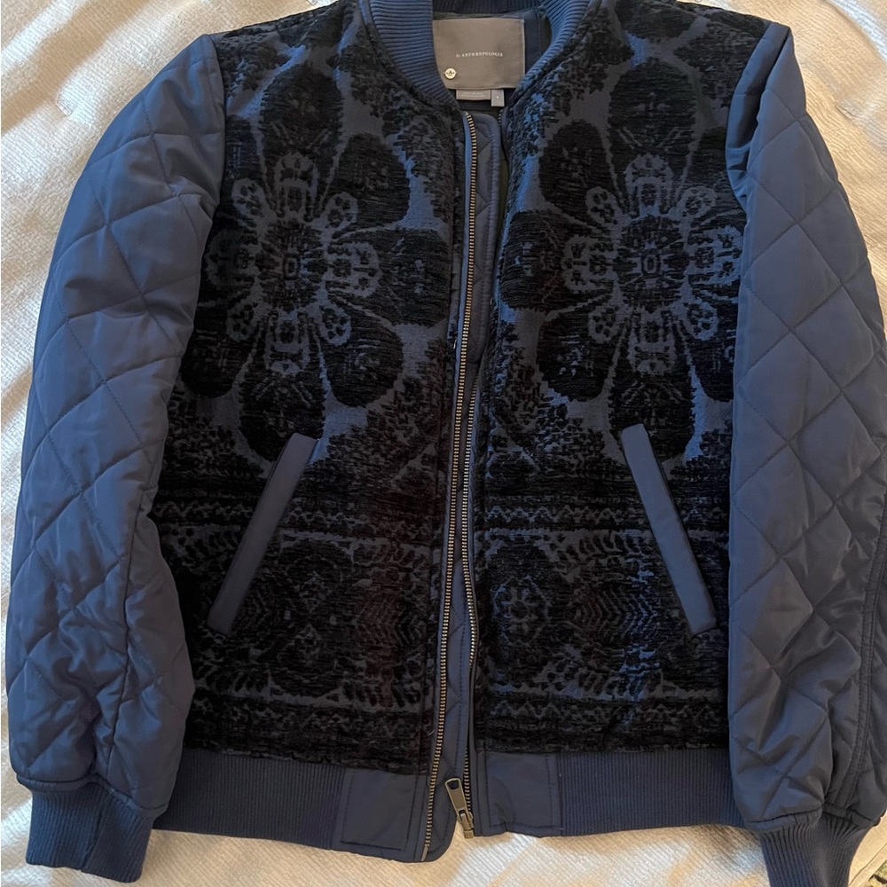 Anthropologie Navy Quilted Bomber Jacket with Floral Velvet Front